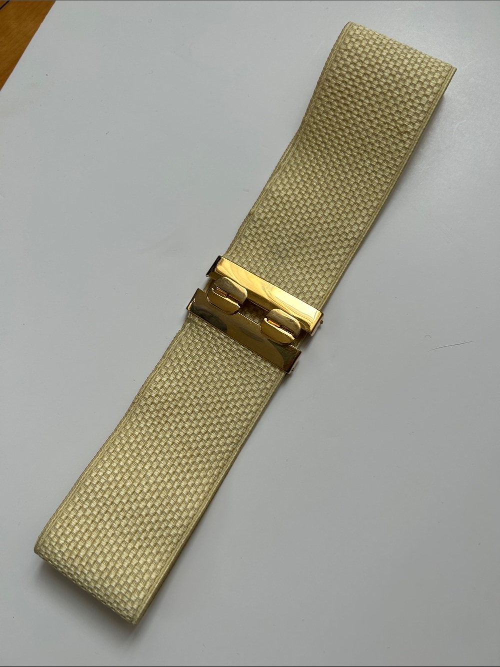Vintage Stretch Elastic Cinch Belt Butter Yellow Woven Gold Detail 90s 80s Y2K